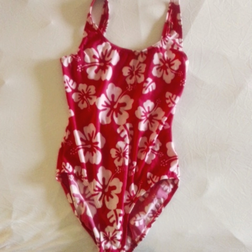 one piece bathing suits , red and white floral print